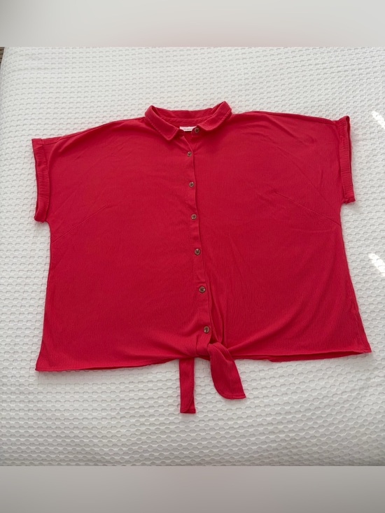 Belle by Kim Gravel Tops - Belle by Kim Gravel Coral Tie-Front Button-Front Shirt 4X